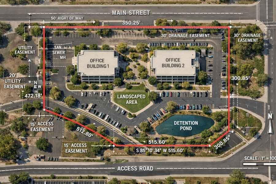 ALTA survey showing a commercial property with boundary lines, easements, buildings, parking areas, and access roads