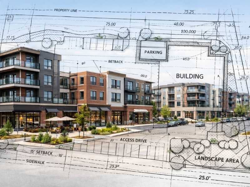 As-built survey showing a completed commercial development with verified building locations, parking areas, setbacks, and site improvements