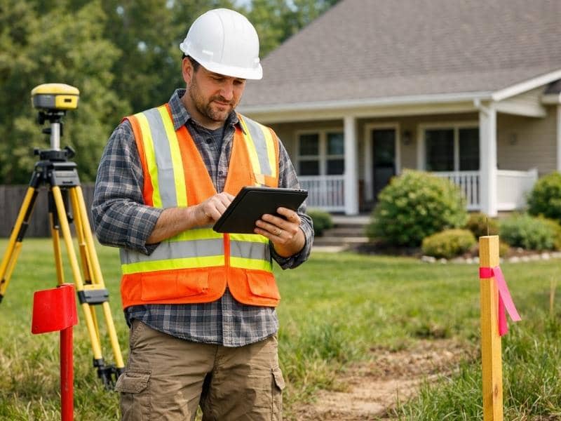 Surveyor evaluating a residential property to determine land survey cost and boundary requirements