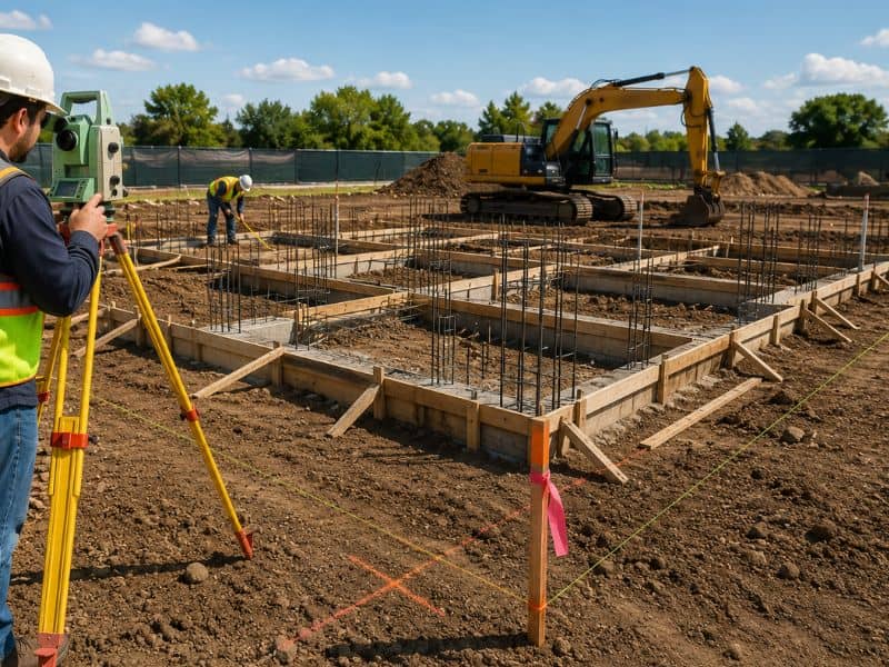 Construction survey marking the building layout before concrete forms are set to ensure accurate foundation placement

