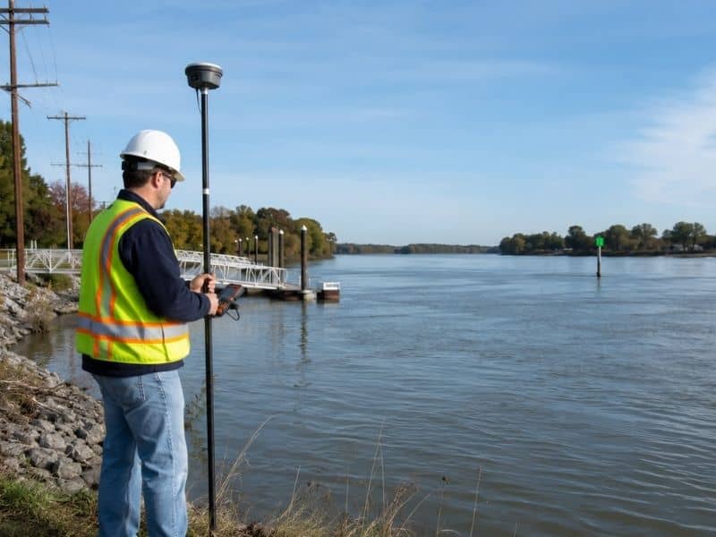 Land surveyor using a GNSS rover near a Florence riverbank with a dock, navigation marker, and shoreline improvements.