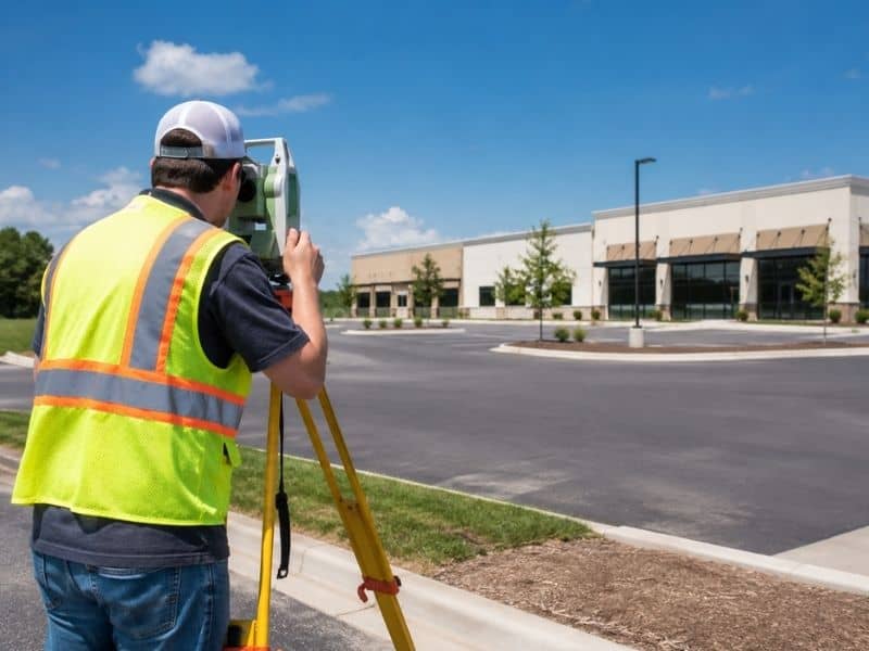 ALTA Survey fieldwork at a commercial property in Florence Alabama